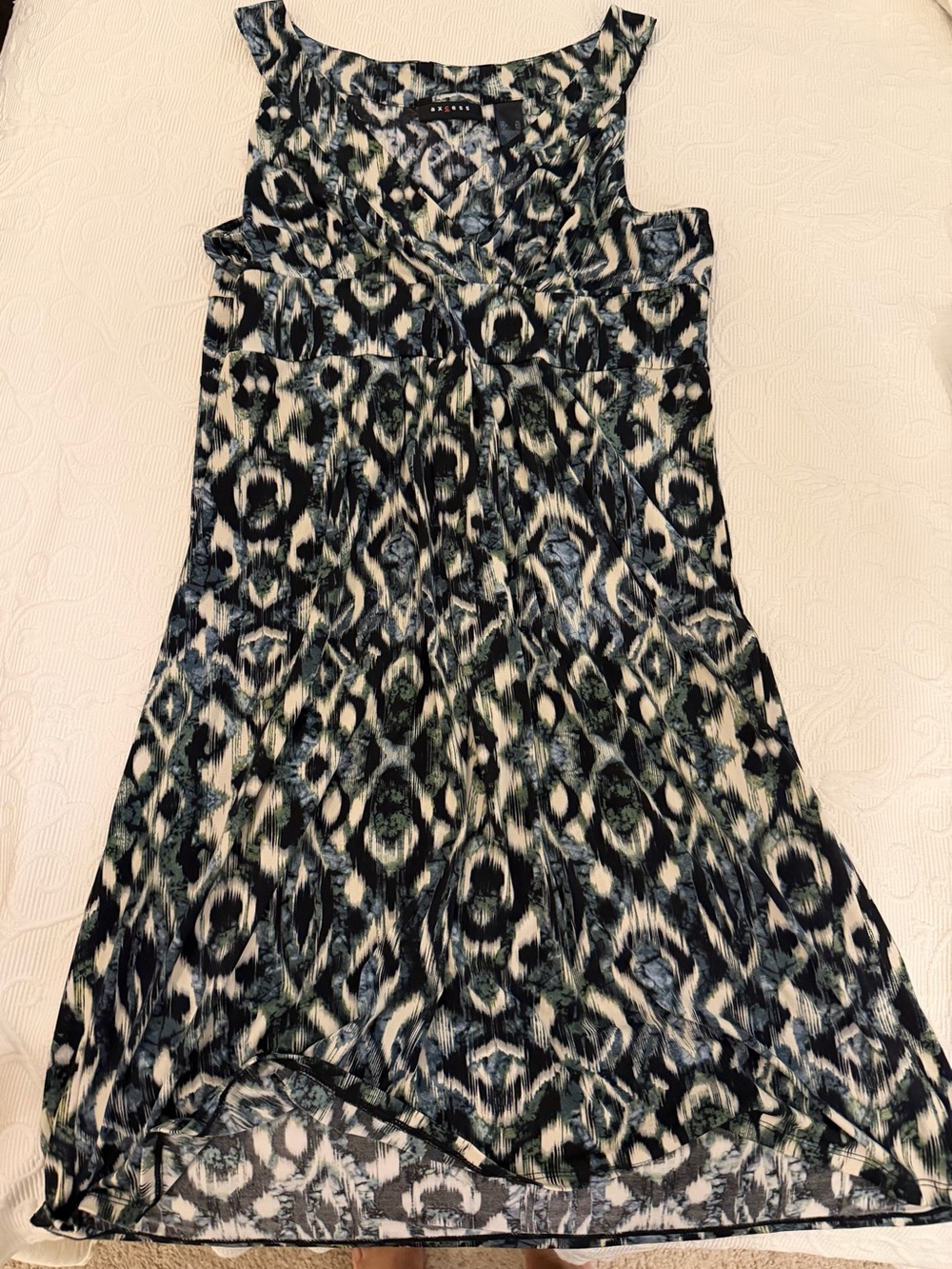 Axcess Ikat Abstract Geometric Print Empire Waist Dress Size XL Blue Green